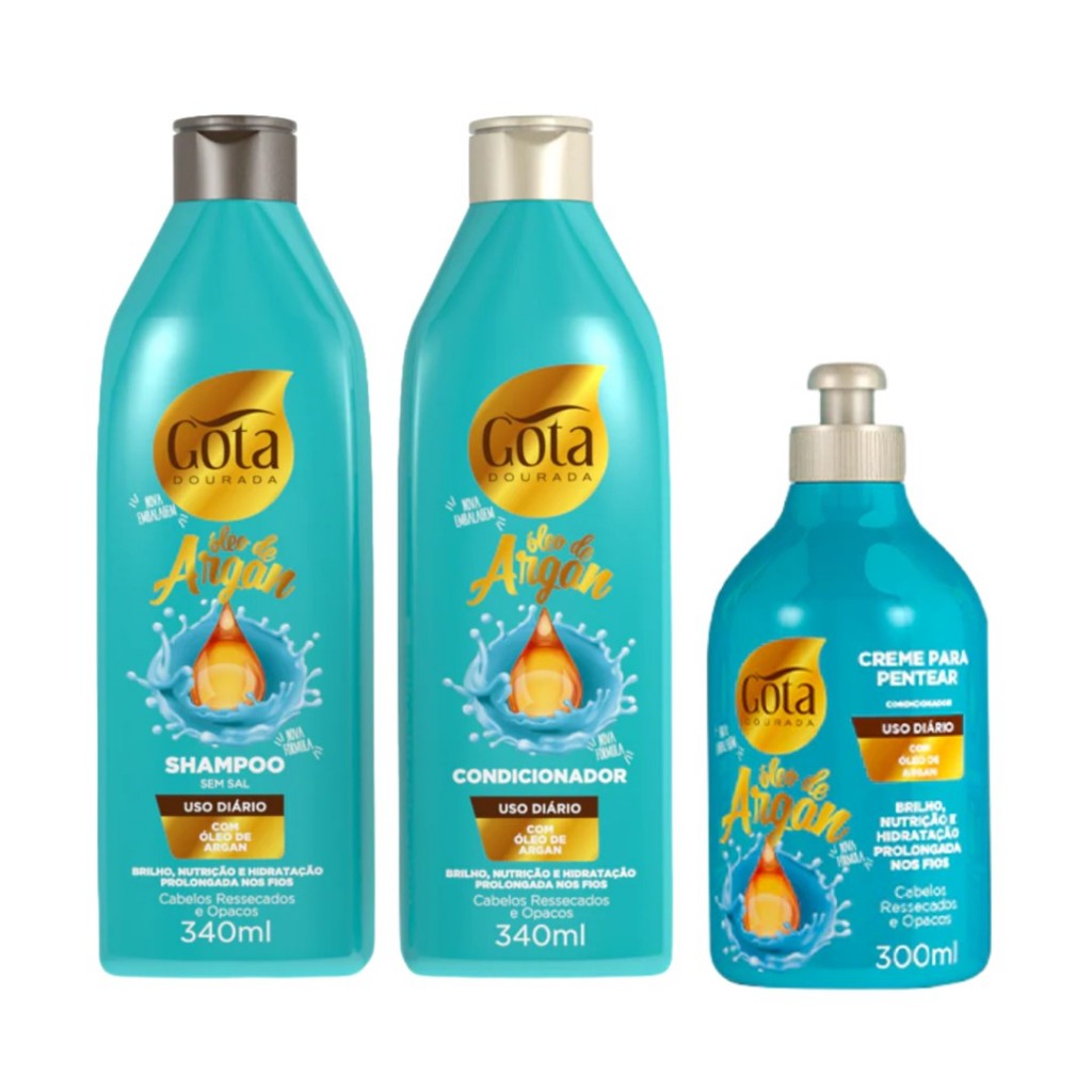 Kit Gota Dourada Uso Diário Óleo de Argan com 3 itens: Shampoo, Condicionador e Creme de Pentear