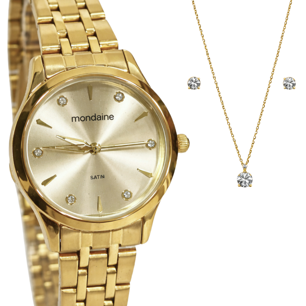 Relógio Mondaine Feminino Analógico Dourado Kit 32610LPMKDE1K1