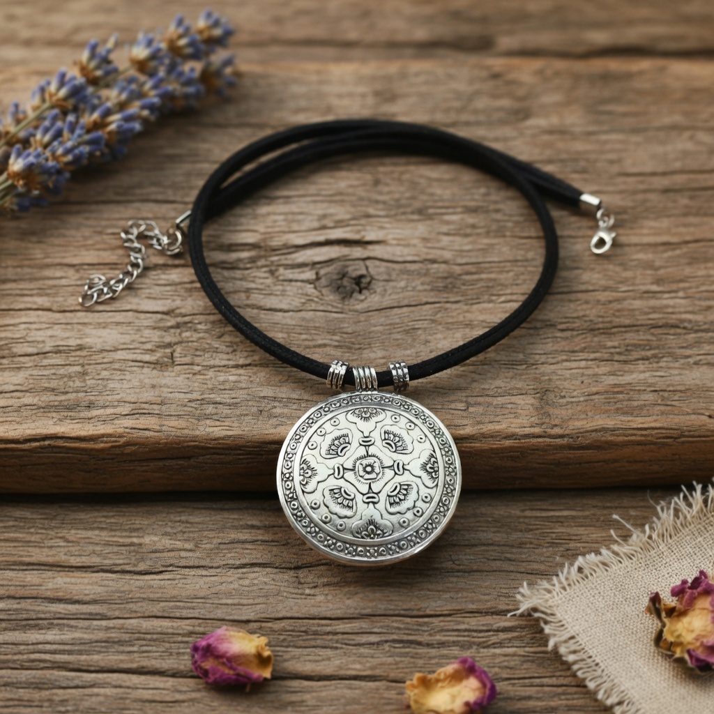 Colar de couro Cordão Preto com Pingente Mandala Boho Chic Estilo Vintage