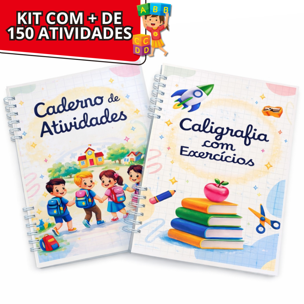 Caderno de Caligrafia Infantil A4 Kit com 2 Livros 66 e 93 Páginas Treino de Escrita e Alfabetização
