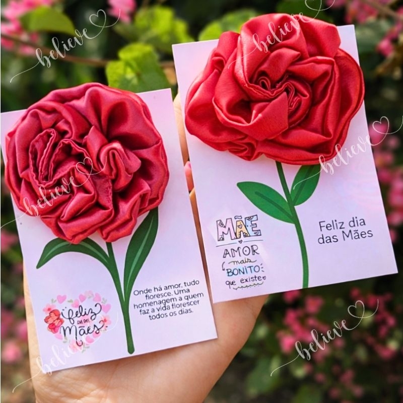Mimo Lembrancinha Dia das Mães Xuxinha Scrunchie de Cetim com Cartão Flor Personalizado 10/15/20/25/30/35/40 unidades