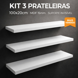 Prateleira MDF 100x20cm 15mm com Suporte Invisível – Branco/Preto – Kit 1 a 3 Peças em Oferta na Shopee