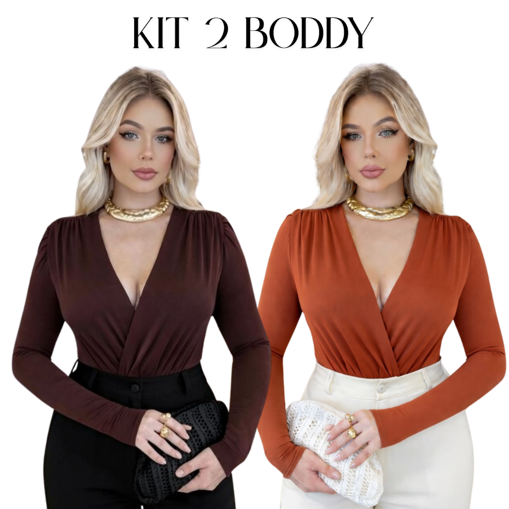 Kit 2 Body Feminino Manga Longa Decote V Suplex Moda Feminina Elegante Básico Confortável Suplex Premium