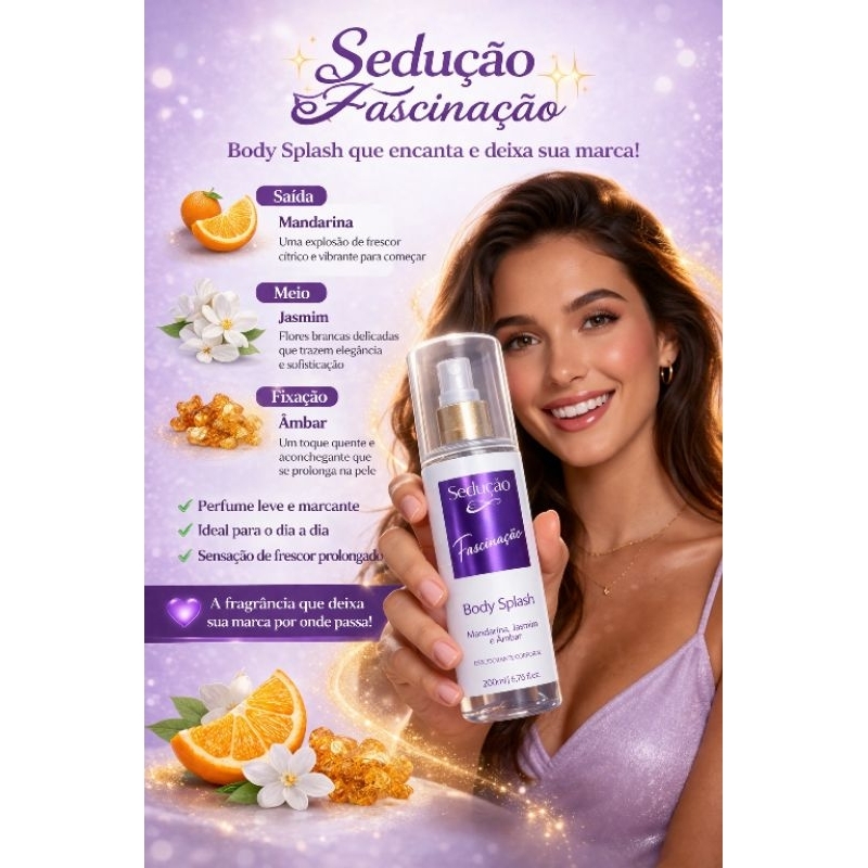 Body Splash Sedução Fascinação 200ml Perfume Feminino Leve e Marcante com Mandarina Jasmim e Âmbar Fixação Prolongada