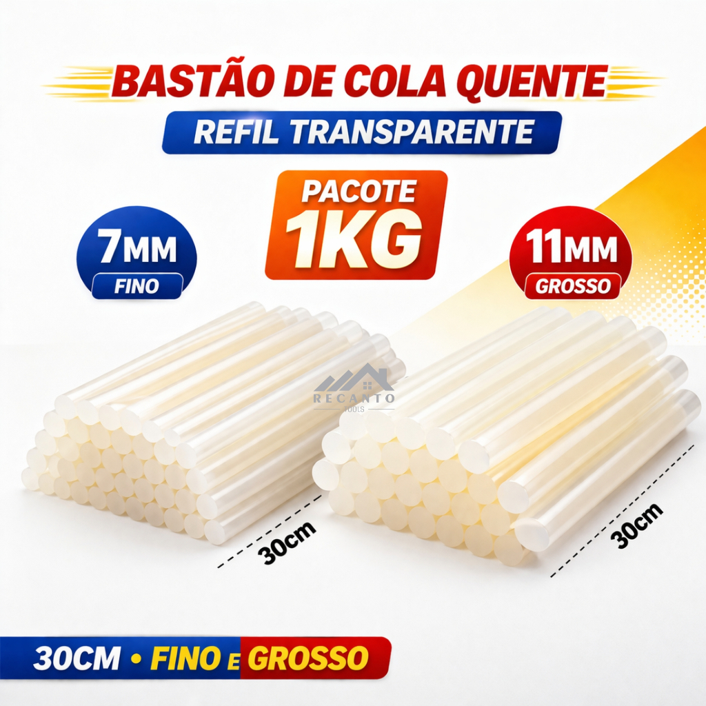 Refil Bastão Cola Quente Transparente Fina 7mm ou Grossa 11mm Grande 30cm pacote 1kg
