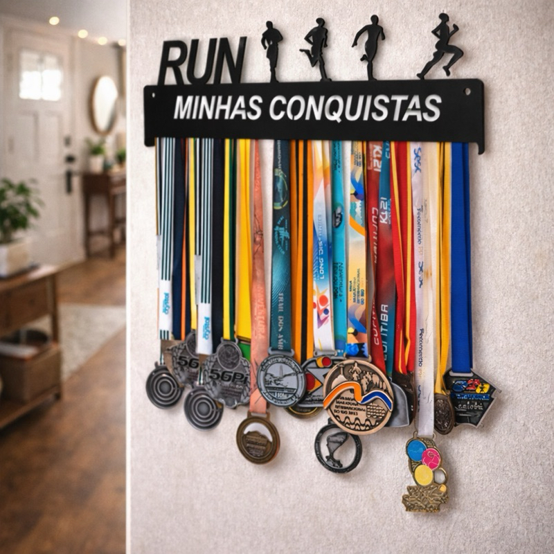 Porta Medalhas Corrida Run Minhas Conquistas MDF Suporte Medalhas Parede Organizador Runner