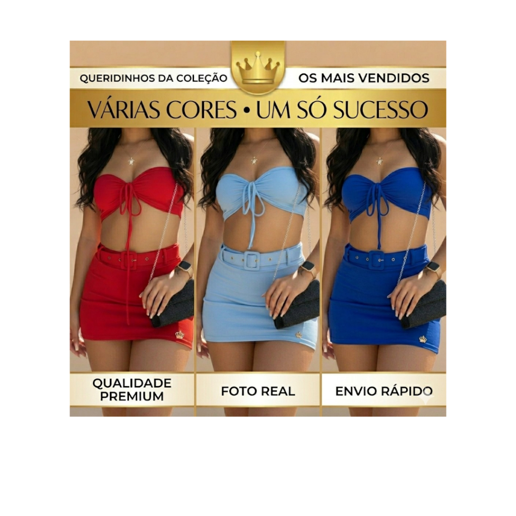 Conjunto Feminino Luxo | Cropped com Bojo + Short Saia com Cinto e Pingente Coroa | Moda Gringa Balada