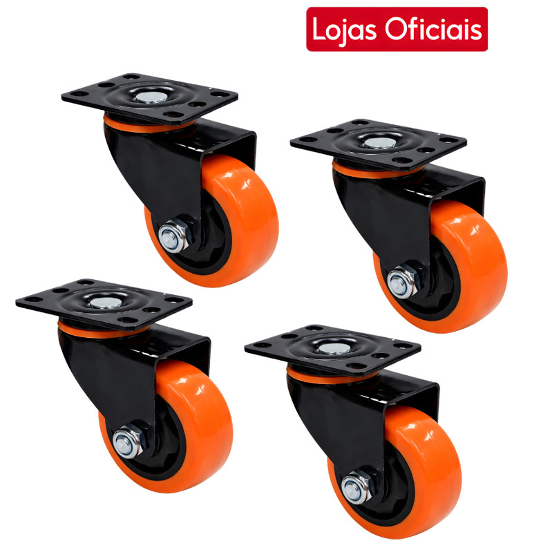 Kit 4 Rodas Rodízio Giratório 3' Pol 75mm PU SEM FREIO Reforçado p/ Carrinho Móv