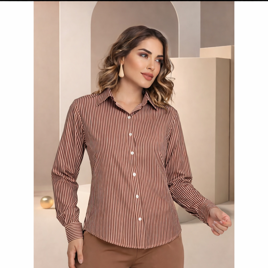 Camisa Social Femenina Listrada Manga longa em Oferta na Shopee