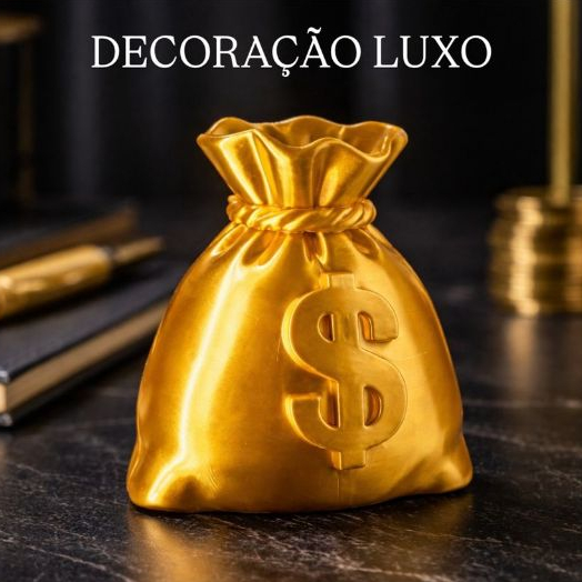 Escultura Saco de Dinheiro Dourado 10cm e 15cm + Brinde Símbolo de Riqueza, Prosperidade e Sucesso | Decoração Luxo