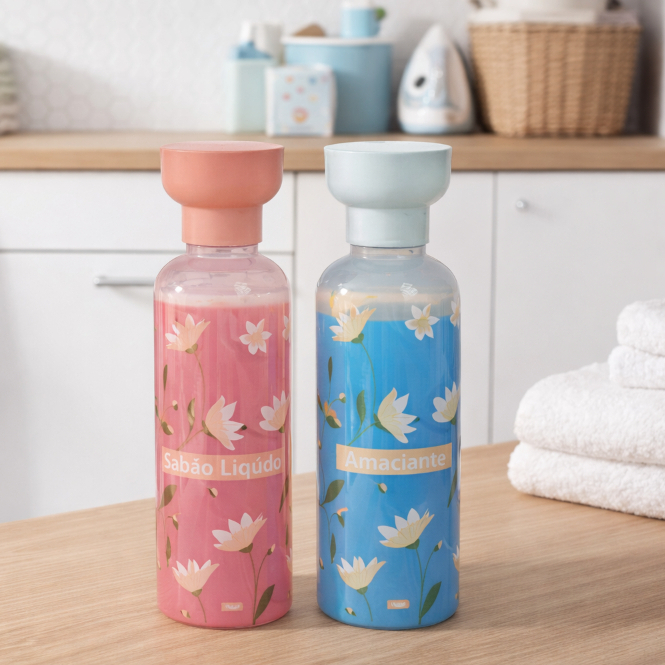Kit Dispenser Amaciante Porta Sabão Liquido Floral 970ml com Tampa Dosadora – Sabão Líquido e Amaciante