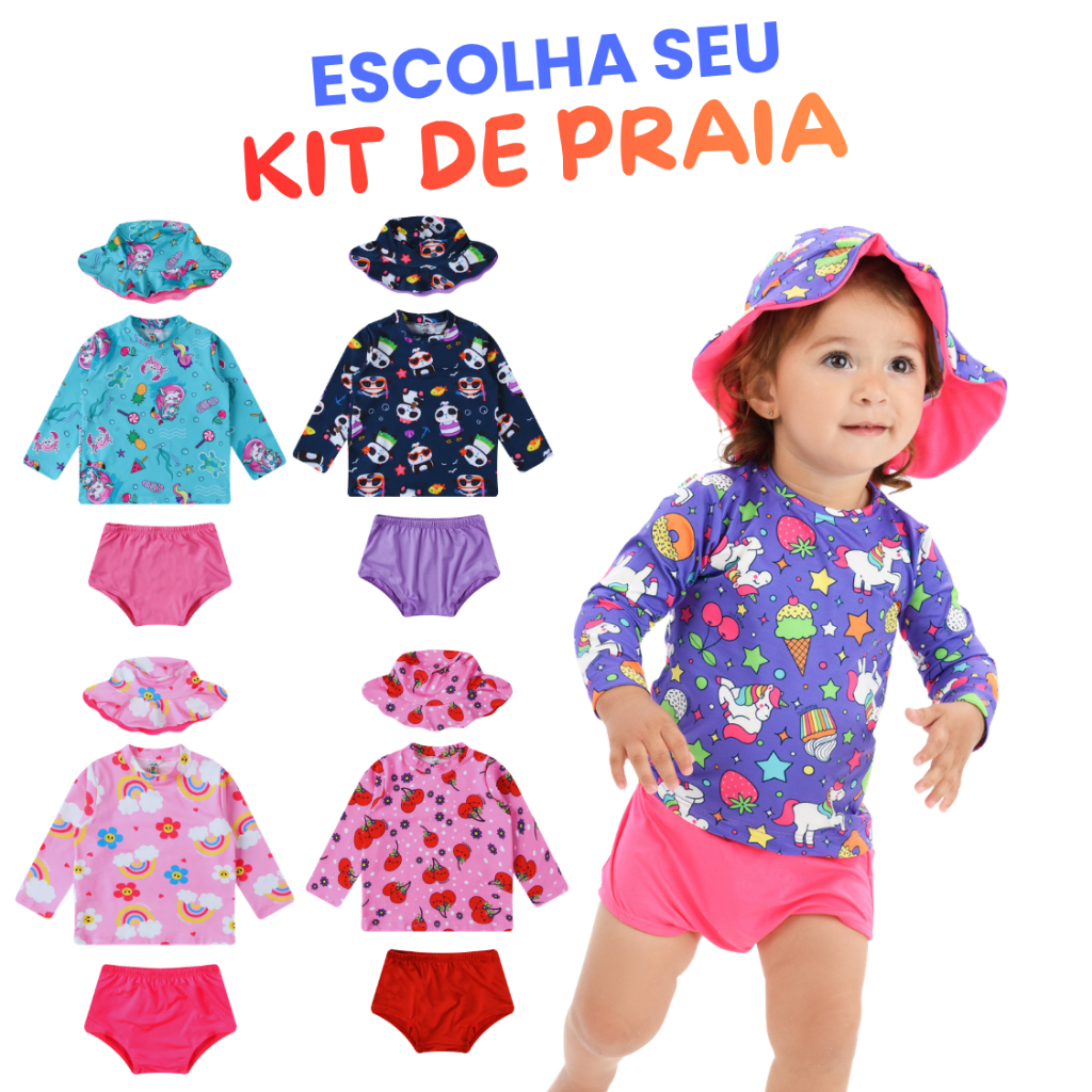 Kit Blusa Proteção Solar UV50 Tapa Fralda Chapéu Bebê Infantil Moda Praia Meninas Biquíni Infantil em Oferta na Shopee