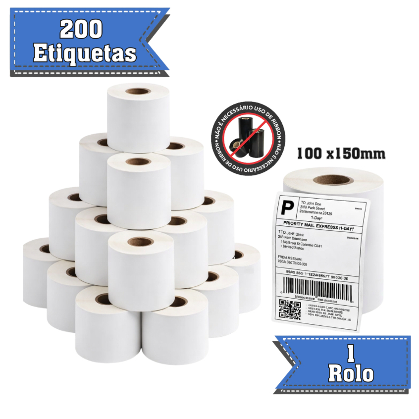 Rolo de 200 Etiquetas termicas compatível E-COMMERCE Zebra Elgin Serrilha 100MMX150MM Branco CHEGA NO MESMO DIA
