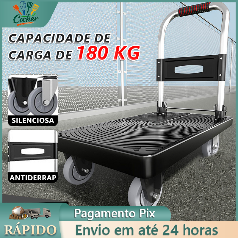 Carrinho 4 Rodas Plataforma de Carga Dobrável 180Kgs Preto Resistente