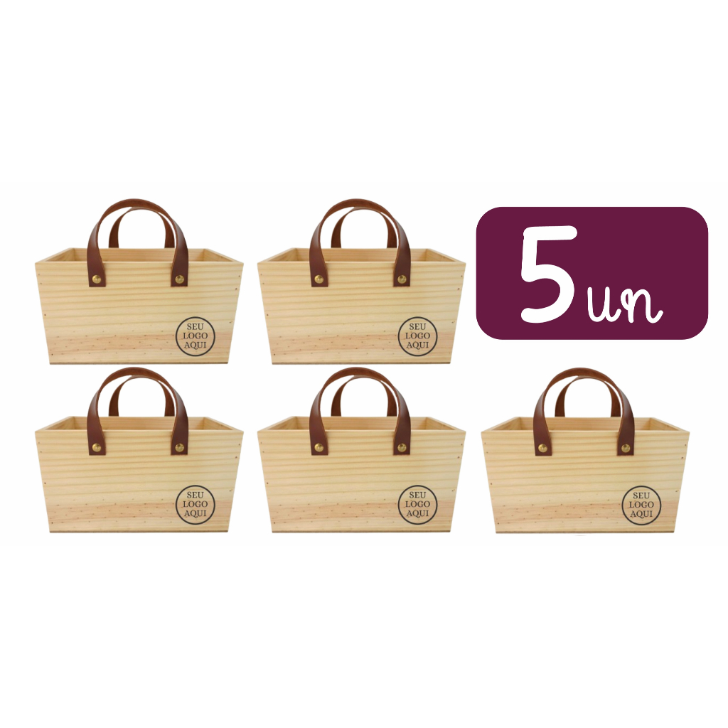 KIT 5un - Cesta Pinus com alça em couro 25x15x14cm + PERSONALIZAÇÃO