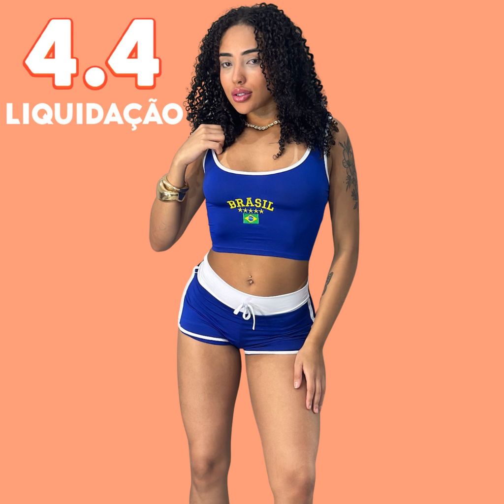 Conjunto Cropped e Shorts Brasil Feminino Curto copa tendencia brasil em Oferta na Shopee