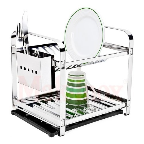 Escorredor 12 Pratos Em Aço Inox Com Porta Talheres Inox Com Bandeja Coletora Água Preto-Mak-Inox