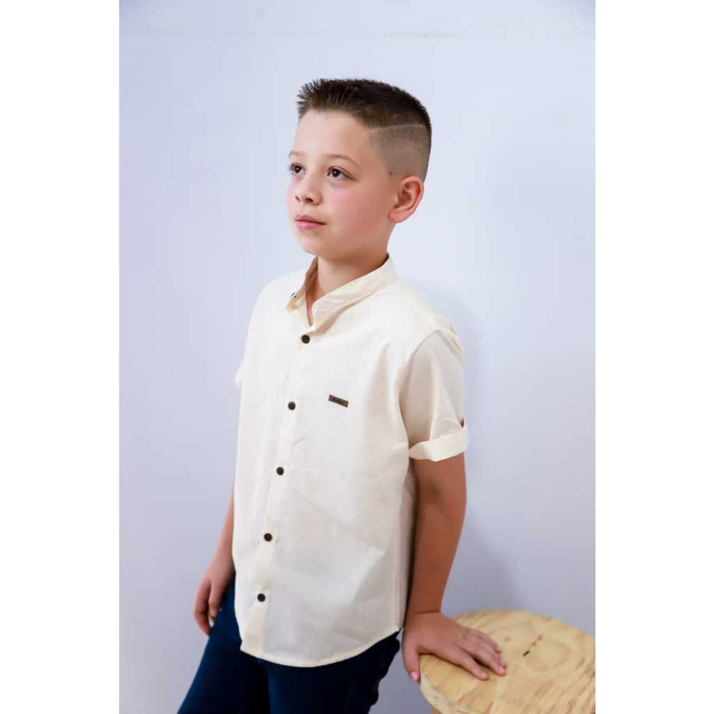 Camisa Infantil Menino Gola Padre Linho Algodão Manga Curta Social Elegante Confortável Verão Passeio Casamento Festas