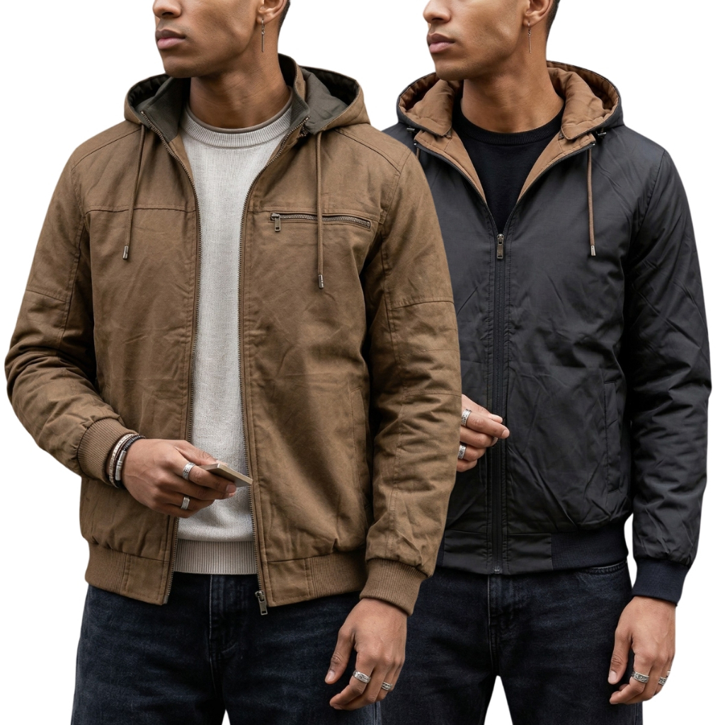 Jaqueta Camuça Masculina Dupla Face Capuz Inverno Casual Quentinha Impermeável Corta Vento Nylon