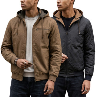 Jaqueta Camuça Masculina Dupla Face Capuz Inverno Casual Quentinha Impermeável Corta Vento Nylon