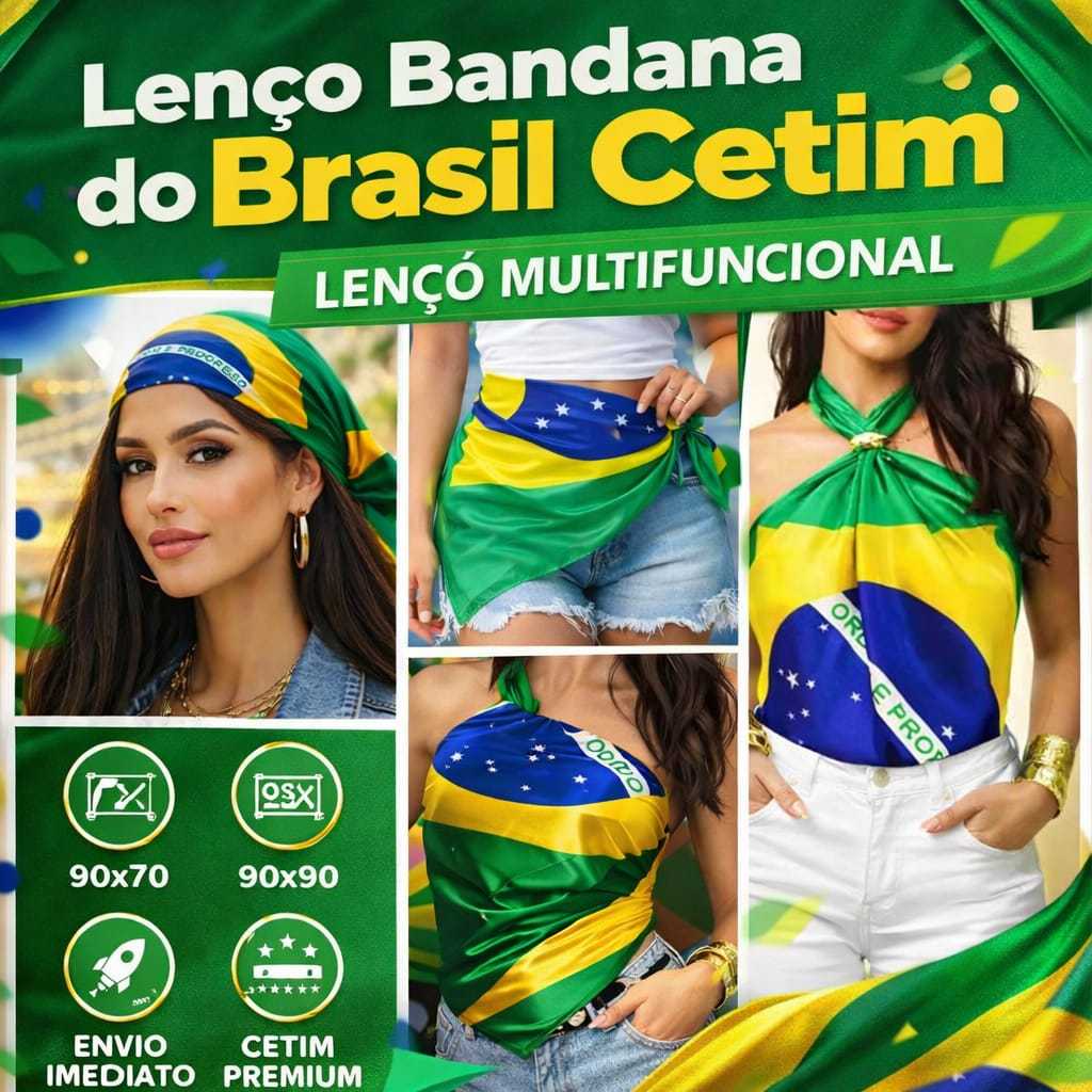 Lenço Bandana Bandeira do Brasil Cetim 90x70cm e  90x90cm Multifuncional | Copa 2026 Brilho Premium
