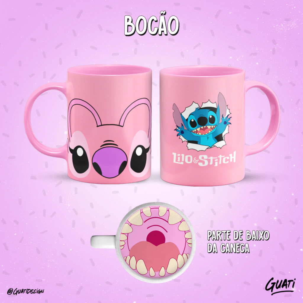 Caneca Bocão Angel Stitch Rosa Porcelana 325ml