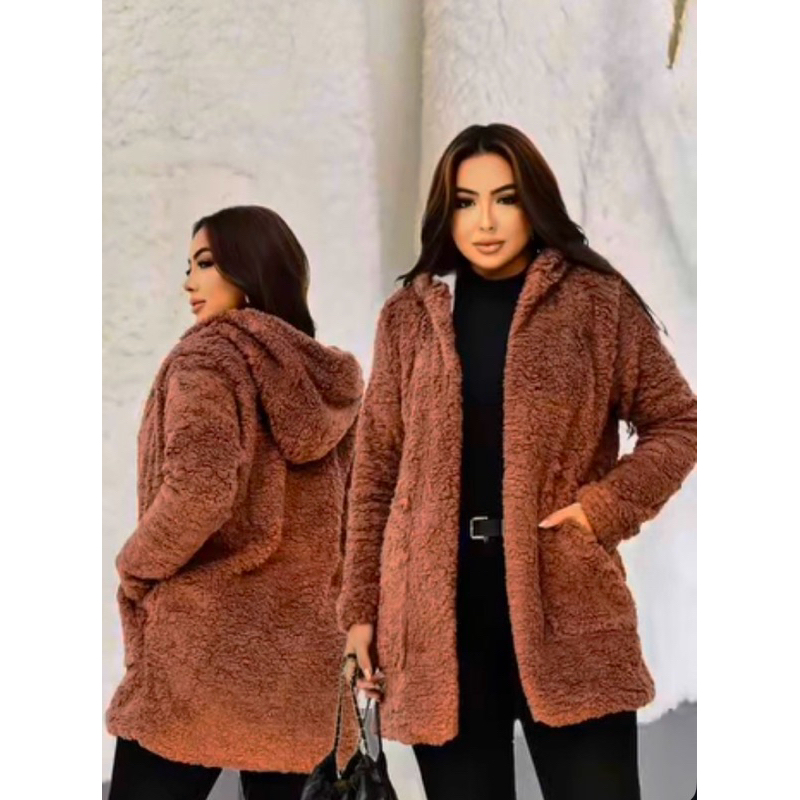 Casaco teddy Feminino Longo com Bolso e Toca Forrado Moda Inverno