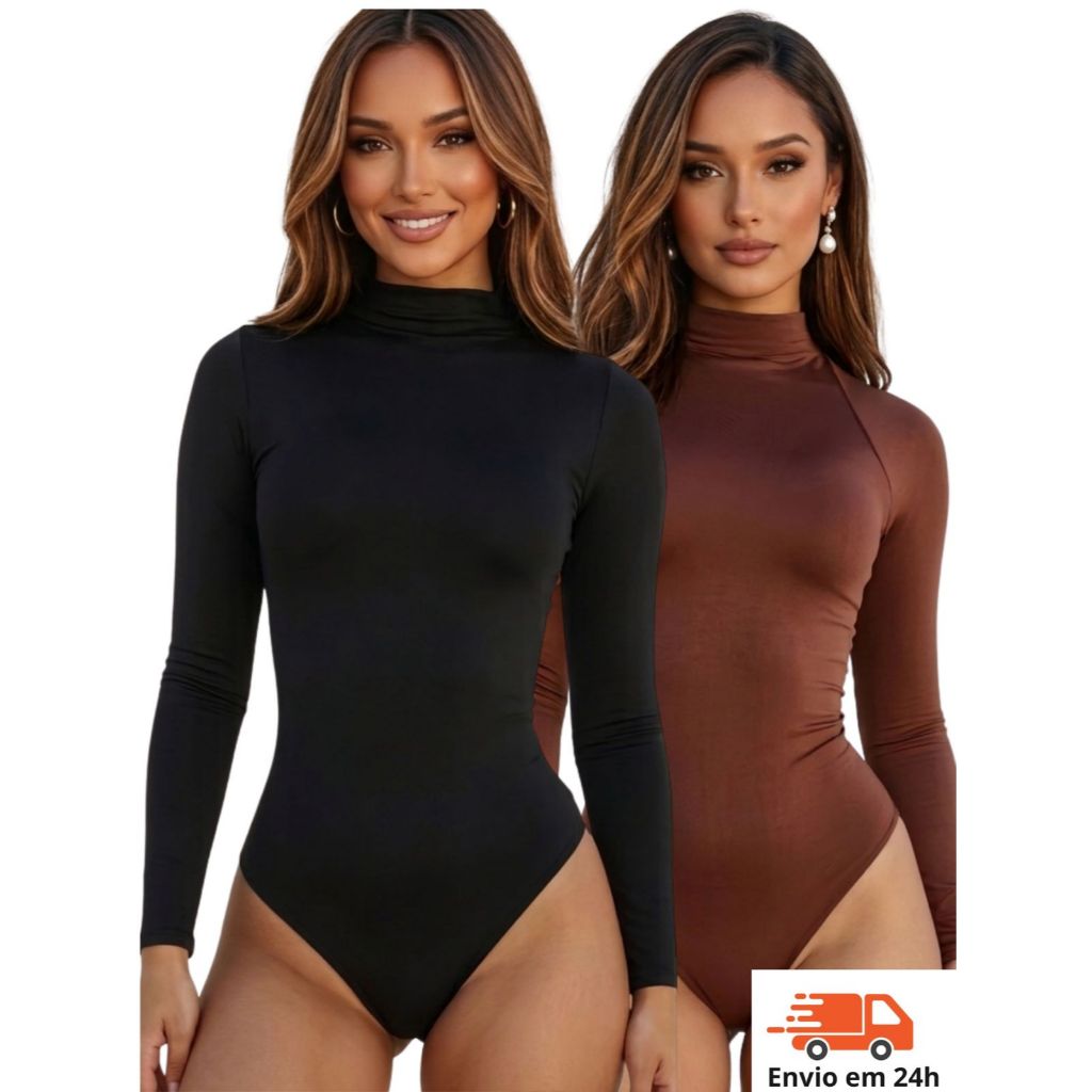 Kit 2 Bodys Collant Feminino Suplex Manga Longa Gola Alta Segunda Pele Básico Forrado Atemporal Blogueira Outono Inverno em Oferta na Shopee