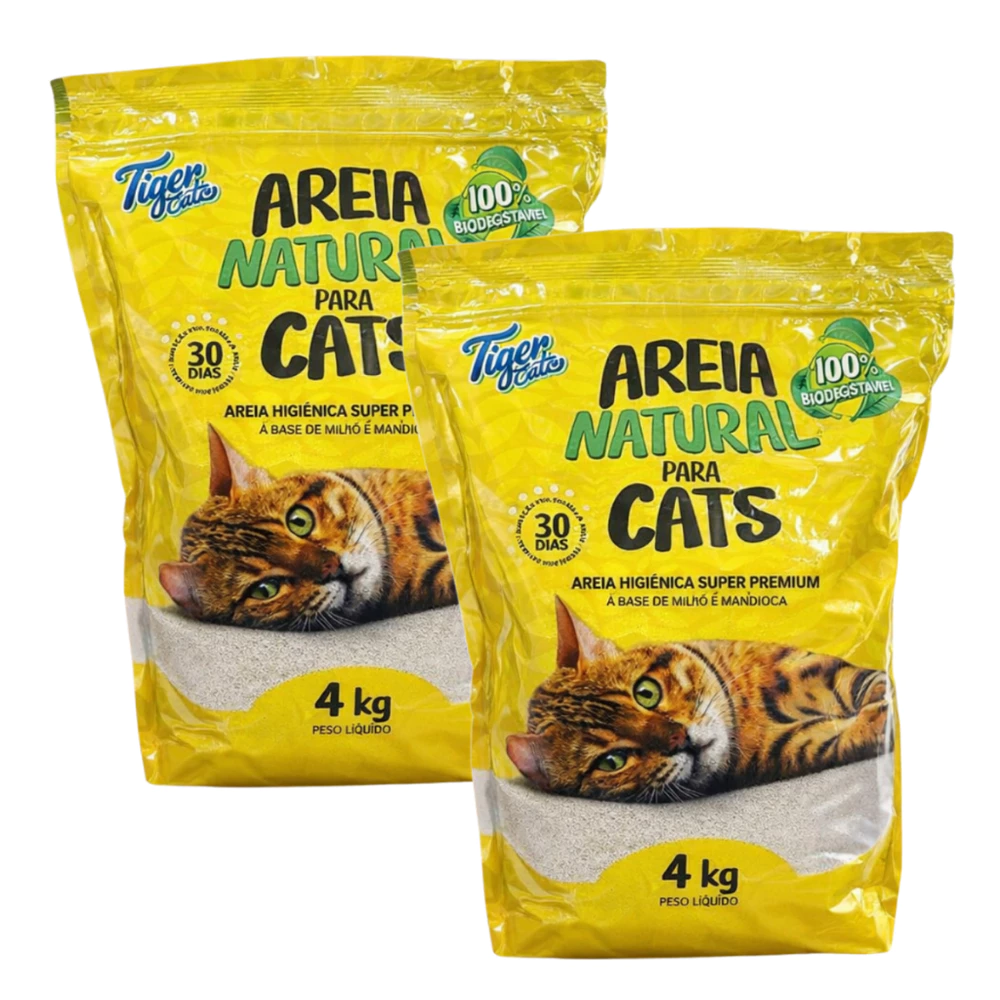 KIT COM 2 AREIA HIGIÊNICA NATURAL BIODEGRADÁVEL MILHO E MANDIOCA PARA GATOS TIGER CATS 4KG