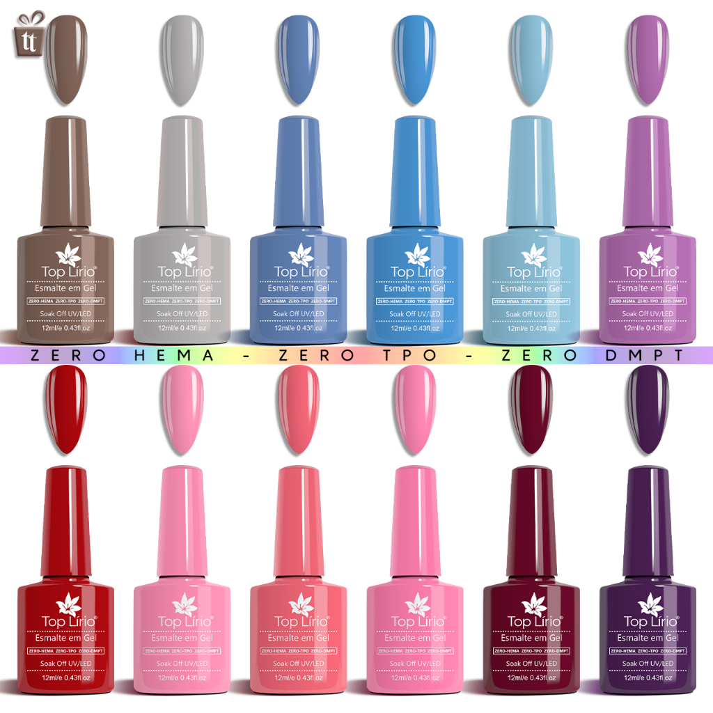 Kit 12 Esmaltes em Gel LED UV COLEÇÕES para Unhas Manicure Zero HEMA TPO DMPT 12ml