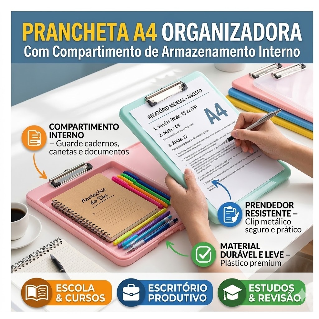 Prancheta A4 com Porta Documentos Interno Clip Metálico Pasta Organizadora Escritório