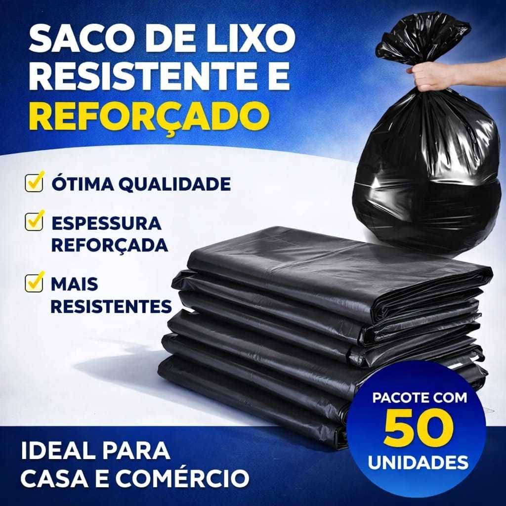Saco de Lixo Preto Reforçado Resistente Pacote 20L 40L 60L 100L Pacote com 50 ou 10 unidades
