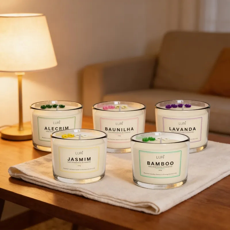 Kit 5 Velas Aromáticas Lavanda Baunilha Bamboo Jasmim & Alecrim 120g LURI