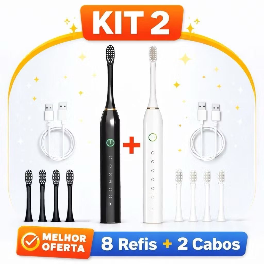 Kit 2 Escovas de Dente Elétricas Sônicas Recarregáveis IPX7 à Prova d’Água/7 Modos/Ultrassônica/8 Refis/Limpeza Profunda