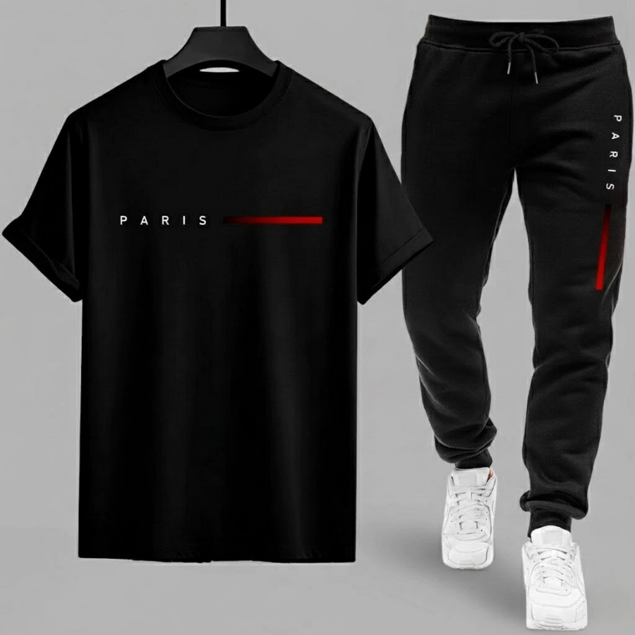 Kit Conjunto Camiseta Básica Paris Calça Moletom Frio Agasalho Masculino Unissex Calça Com Bolsos