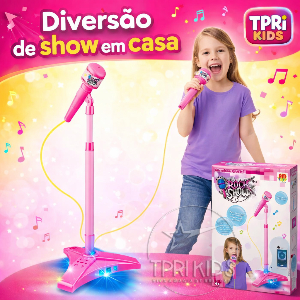 Microfone Infantil Karaokê Pedestal Caixa de Som LED Bluetooth Brinquedo Menina Conecta Celular MP3
