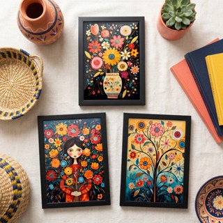 Kit 3 Quadros Decorativos Flores Mexicanas 18x24 com Vidro e Moldura para Sala Quarto Escritório em Oferta na Shopee