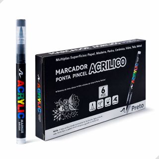 Kit com 6 Canetas Marcador Acrílico Preto Ponta Brush Permanente Para Vidro, Madeira Metal, Plástico em Oferta na Shopee