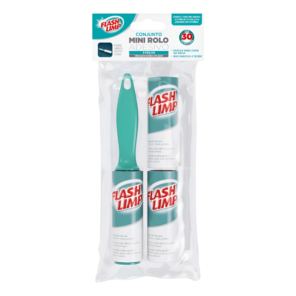 Rolo Adesivo Mini Rolinho Tira Pelos Flash Limp Com 2 Refíl Verde