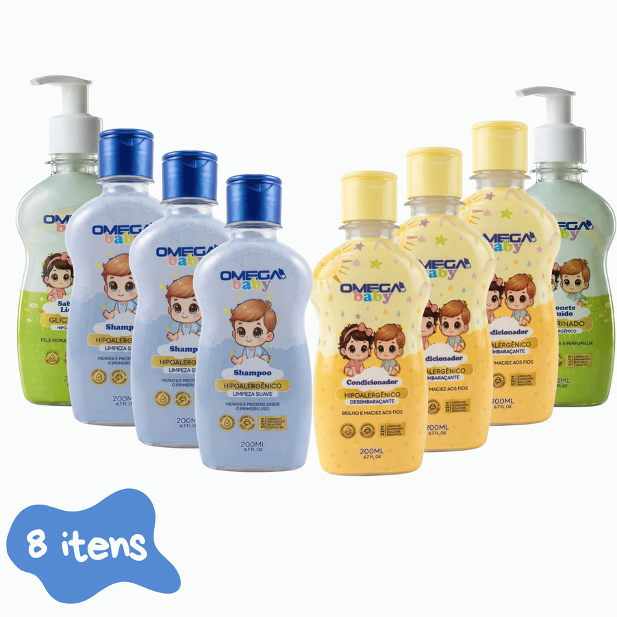 Kit Cuidado Diário Infantil Baby Boy 3 Shampoo + 3 Condicionador + 2 Sabonete líquido Omega Baby