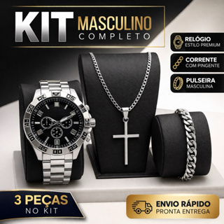 Kit Masculino Completo Relógio + Corrente Crucifixo + Pulseira Acessórios Masculinos em Oferta na Shopee