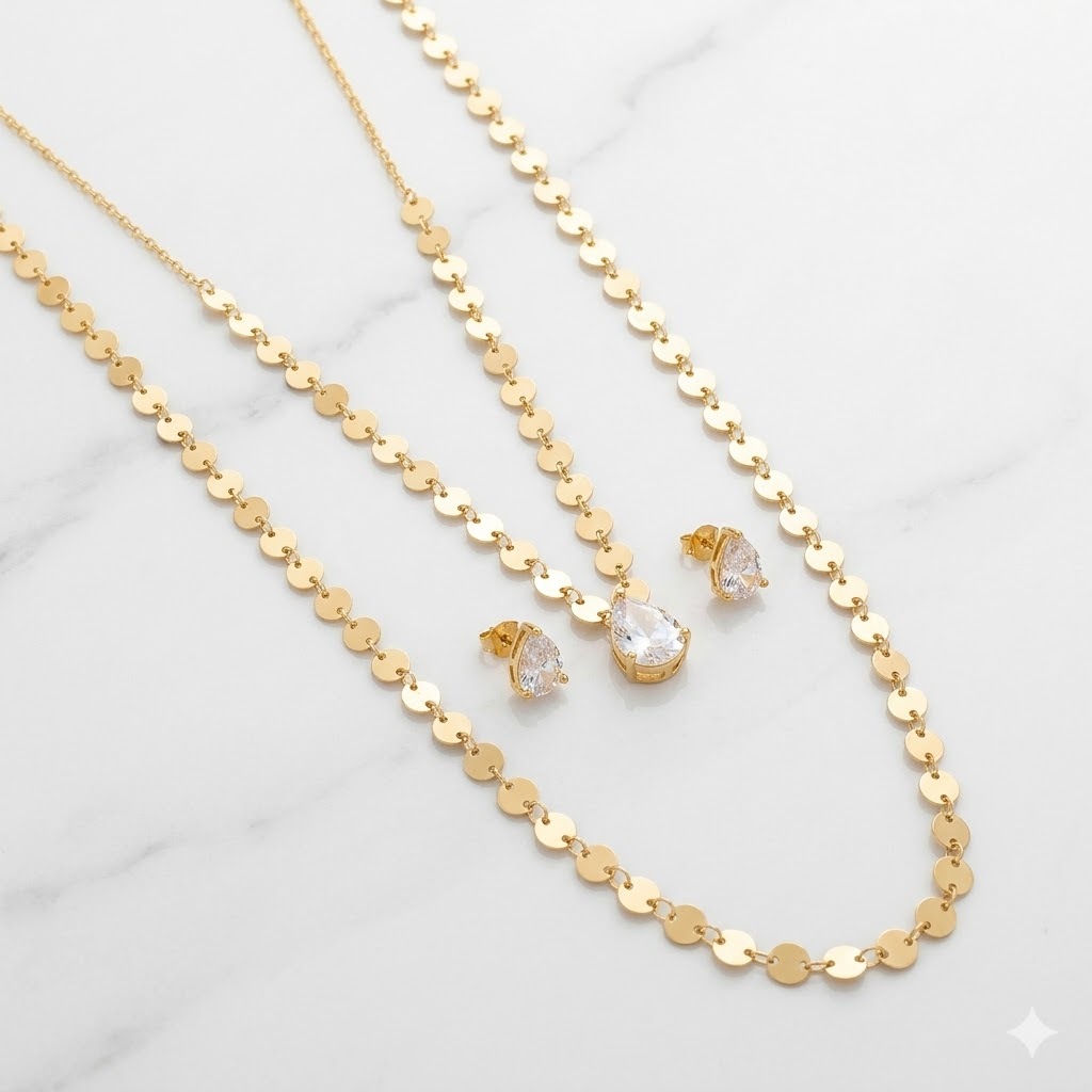 Kit Colar Duplo + Pingente + brinco em Zircônia Delicado Folheado a Prata 925 e Ouro em Oferta na Shopee