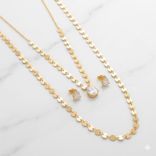 Kit Colar Duplo + Pingente + brinco em Zircônia Delicado Folheado a Prata 925 e Ouro em Oferta na Shopee