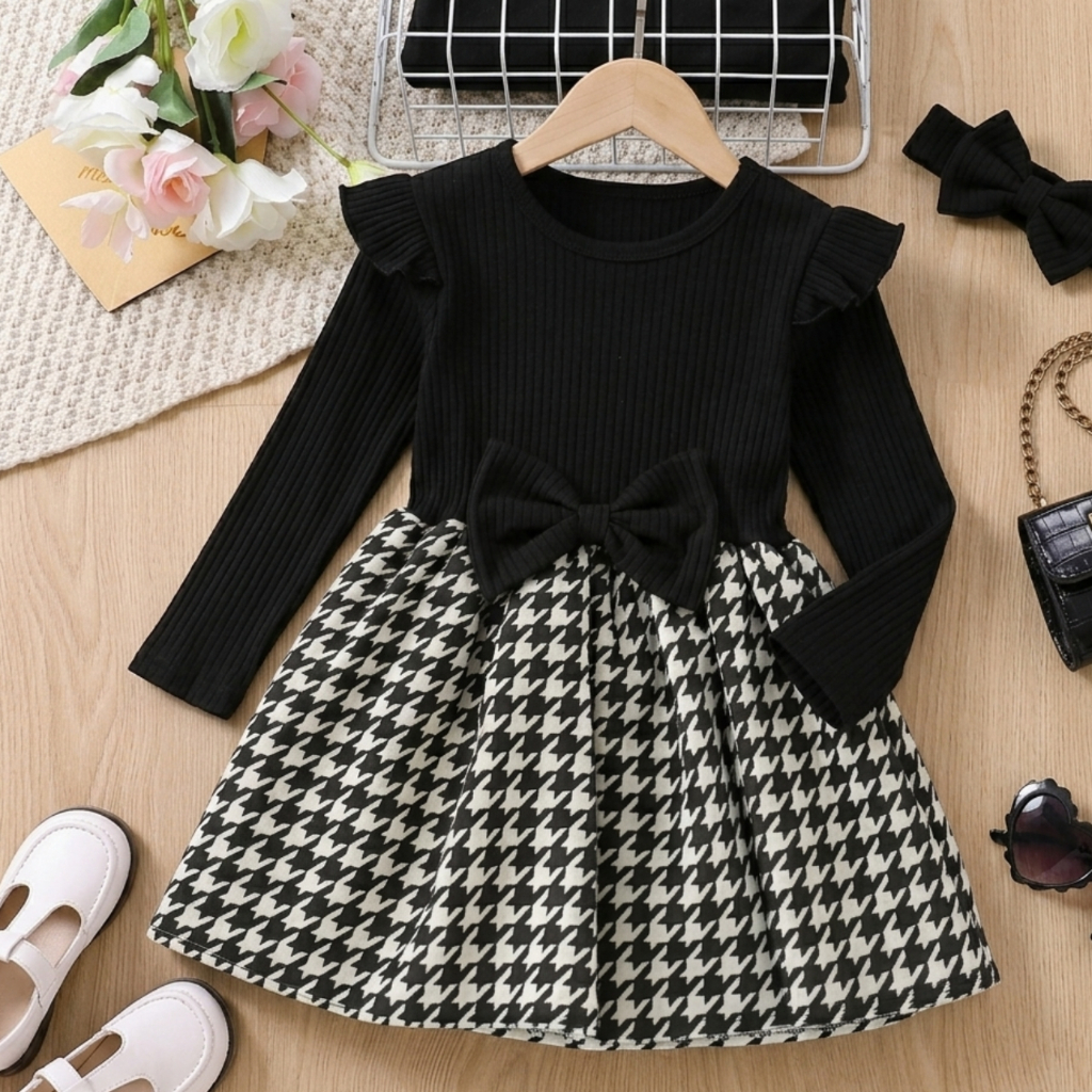 Vestido Infantil Inverno Menina Lindo e Elegante Manga Longa 1 a 4 Anos Estiloso com Laço e Forro