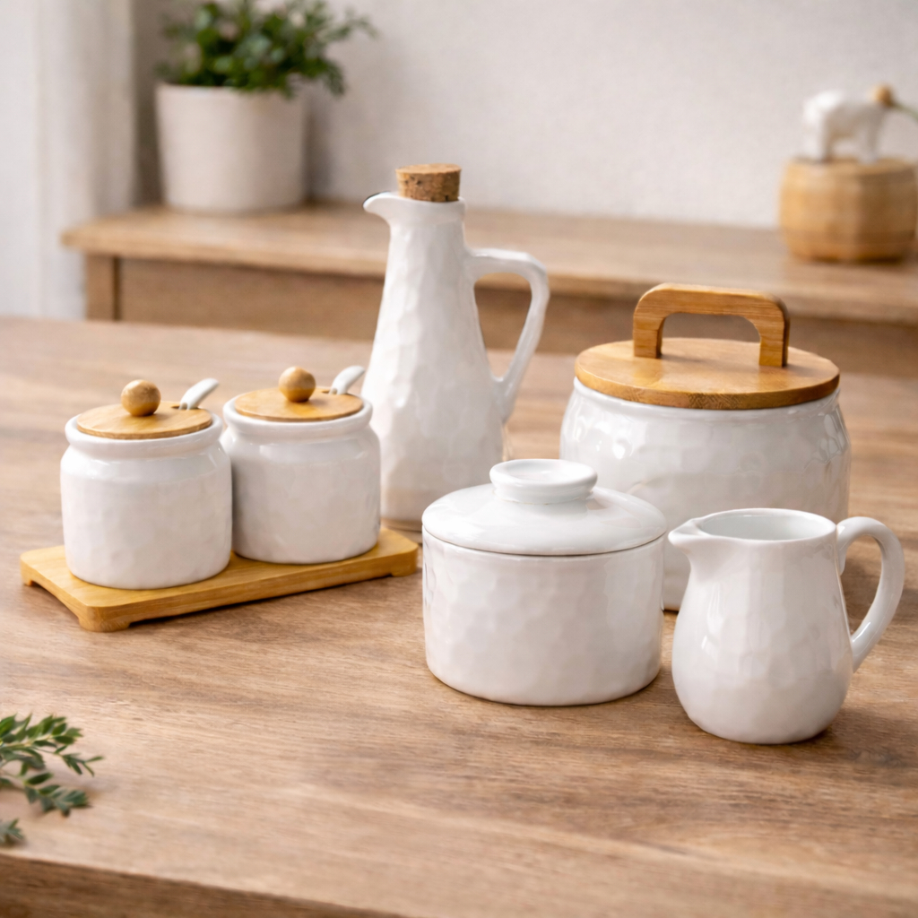 Kit Mesa Posta Completa Cerâmica Branca Nobre | Galheteiro, Porta Temperos, Pote, Leiteira e Manteigueira