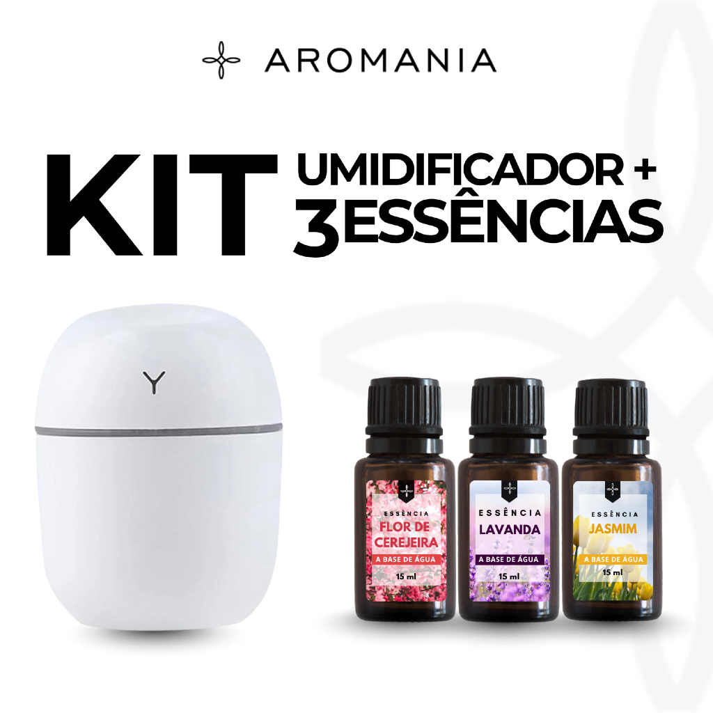Kit Umidificador de Ar Silencioso LED USB + 3 Essências 15ml a Base de Água para Aromatizar Ambientes