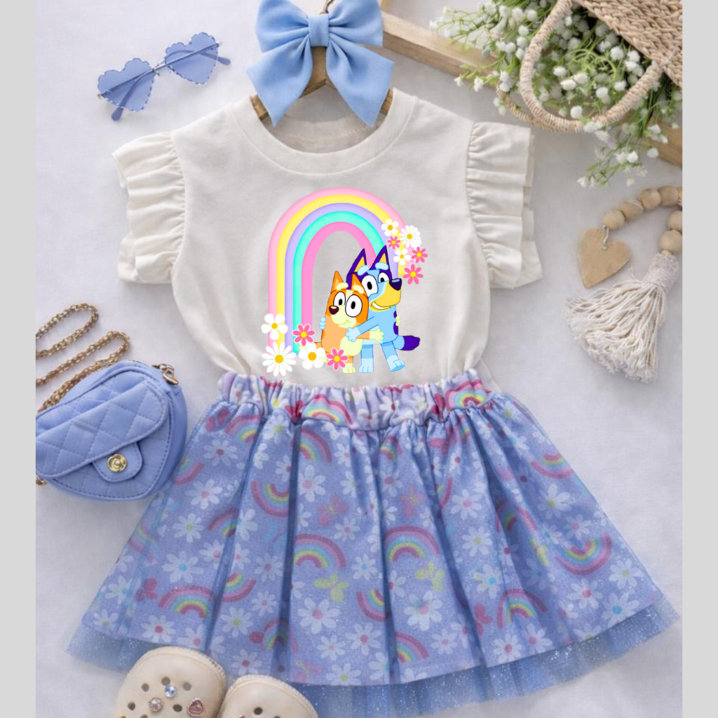 Conjunto Infantil Amiguinhos Blueey do Arco-Íris-caretas Look Fofinho Delicado e Encantador short saia e blusa off white