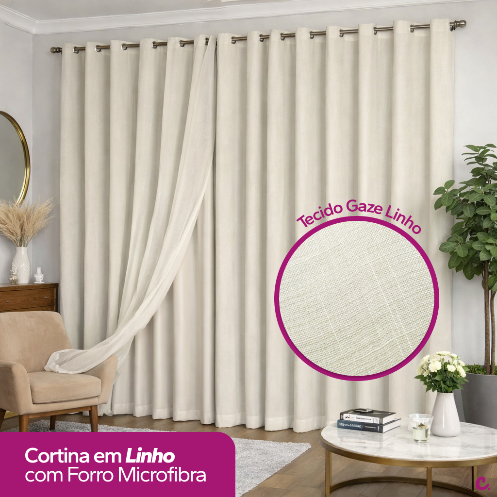 Cortina Voil Linho 6,00x2,60 Forro Microfibra Alto Padrão em Oferta na Shopee