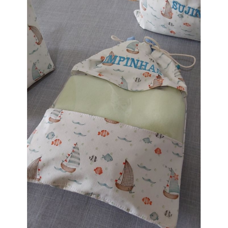 kit saquinhos roupa limpa, roupa suja e necessaire do bebê. organizador de roupas limpa, roupa suja e kit higiene.