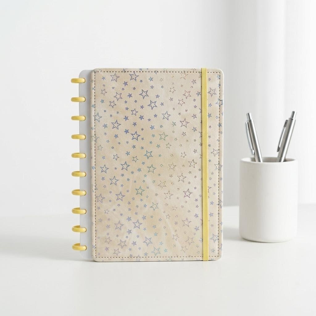 Caderno Inteligente B5 80 Folhas - Capa Textura Jeans com Estrelas Brilhantes - Sistema de Discos para Escola e Trabalho